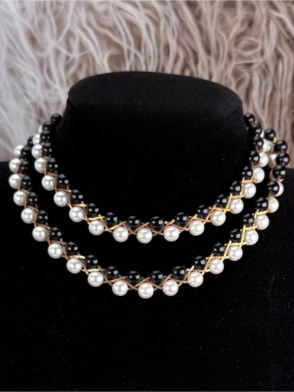 Black White Beaded Long Necklace Gold Tone Station Strand